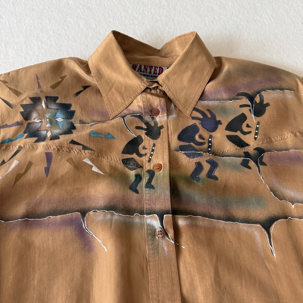 Wanted Silk Button‎ Down Shirt Womens XS Tan Southwest Hand Painted Vintage